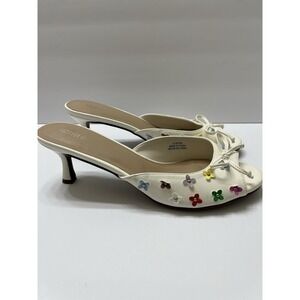 Forever 21 Women's White Floral Embelished Heeled Mules Size 10 Slip On Open Toe